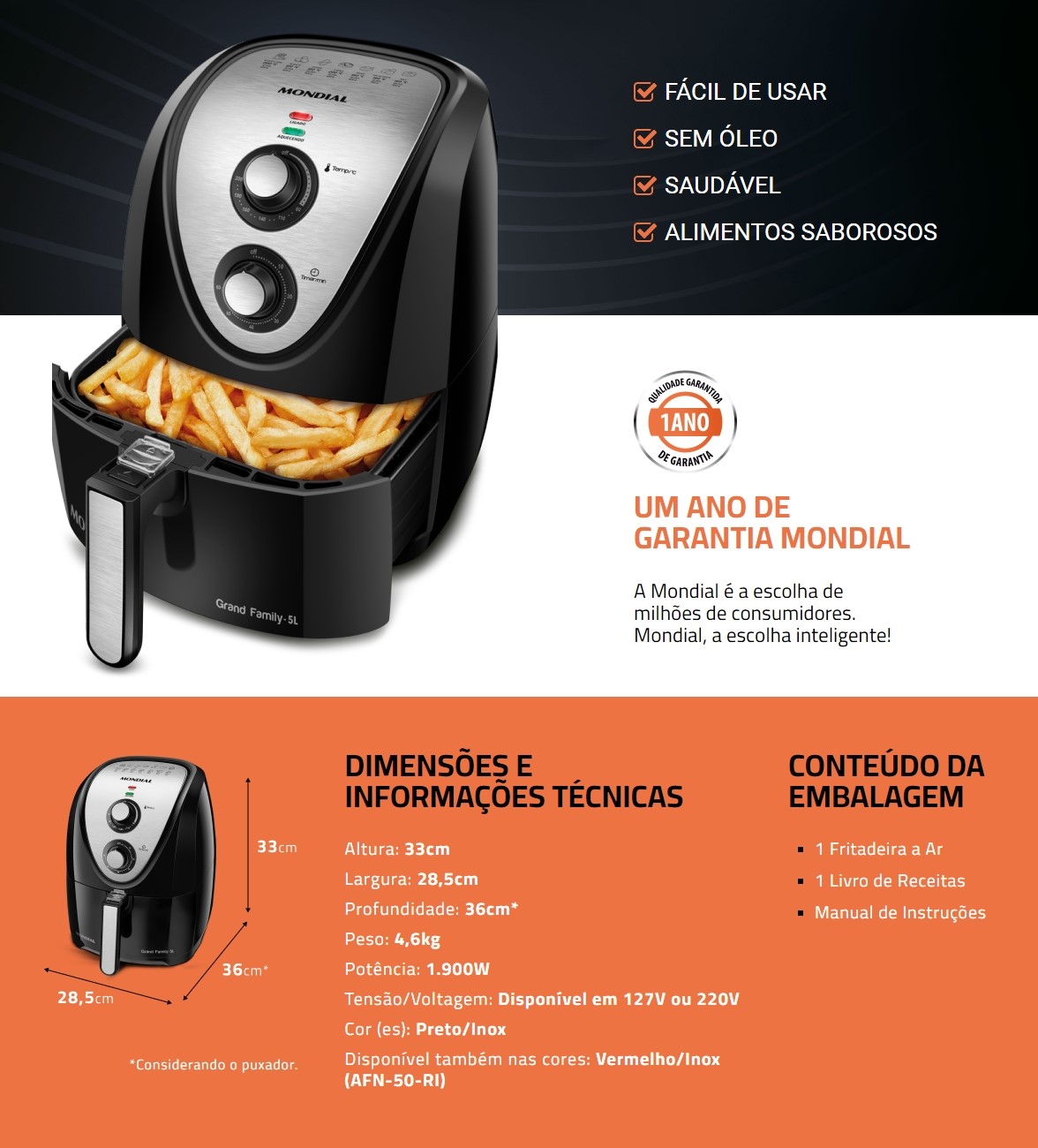 Fritadeira Air Fryer Mondial Grand Family AFN-50 5L 1900W Preto 220V (13)