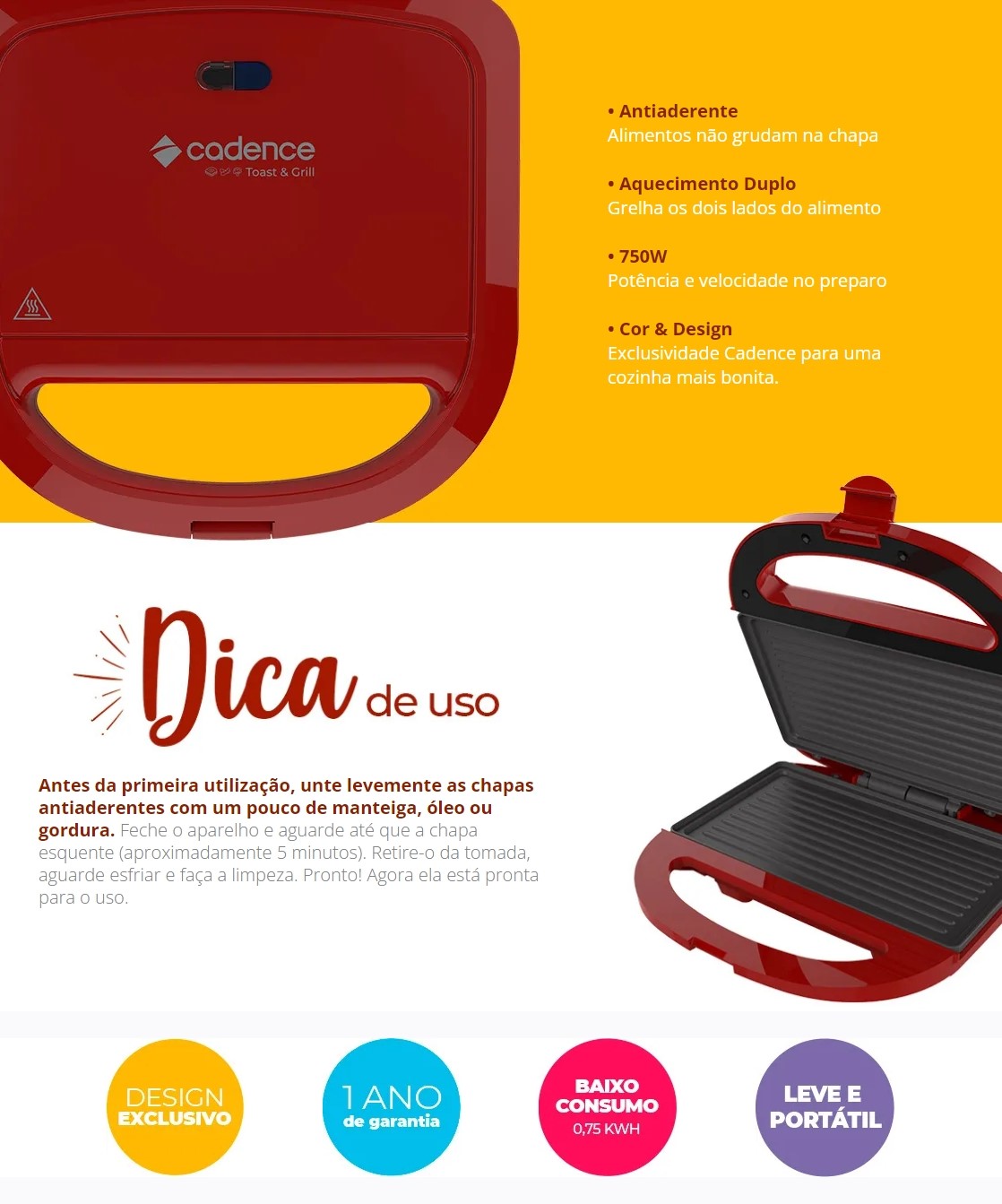 Sanduicheira Elétrica Cadence Toast e Grill SAN261 750W Vermelho 220V (8)