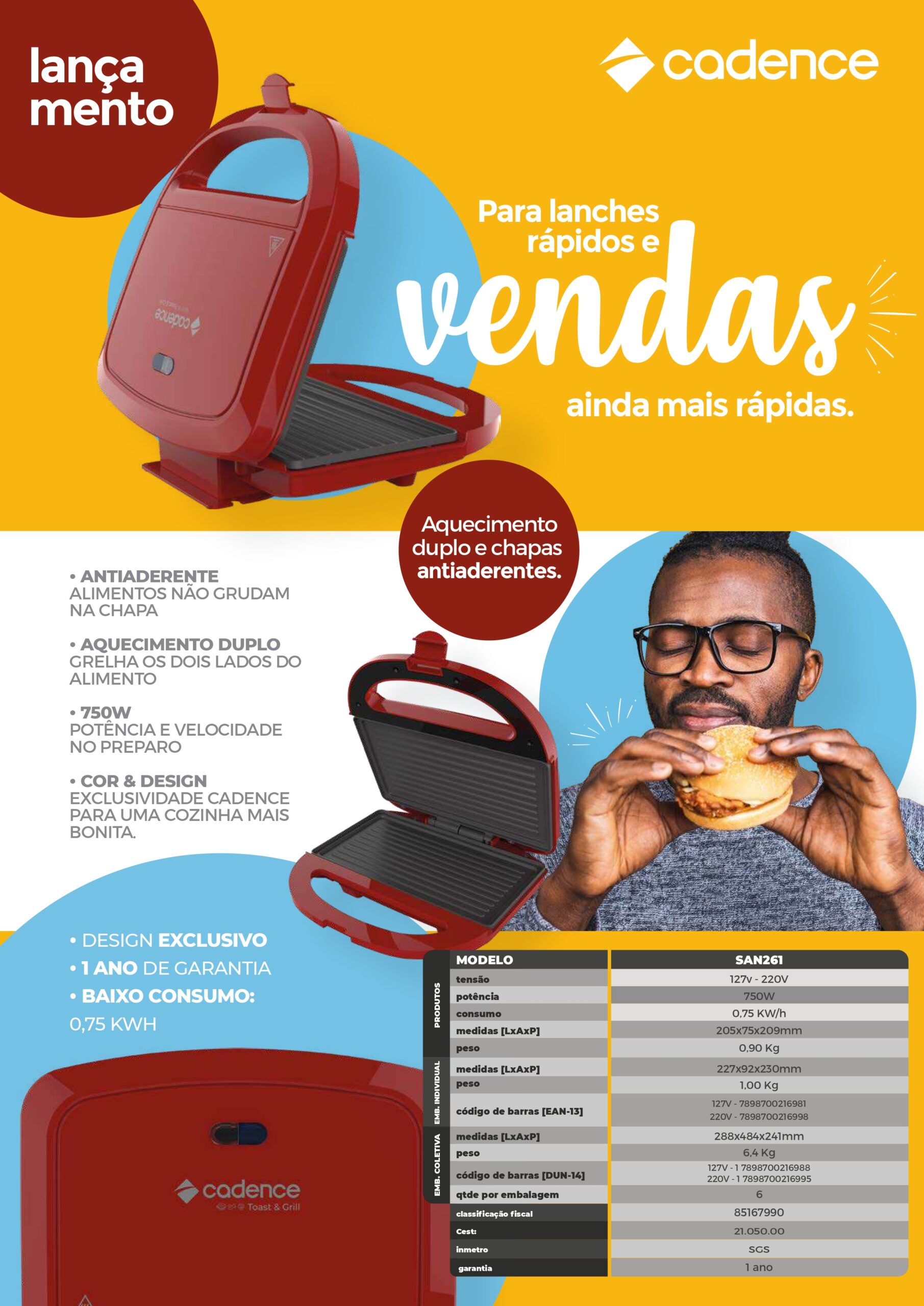 Sanduicheira Elétrica Cadence Toast e Grill SAN261 750W Vermelho 220V (9)