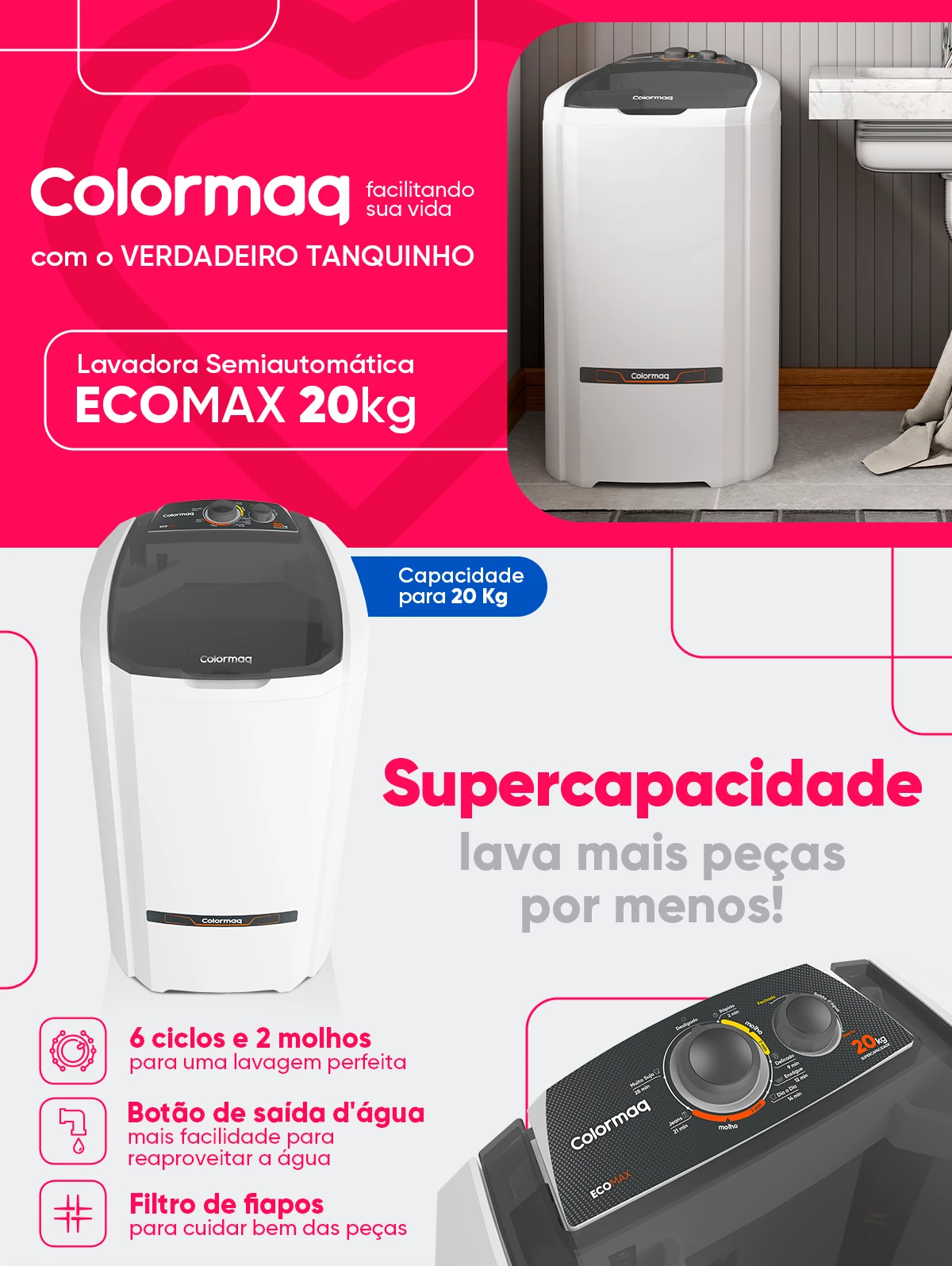 Tanquinho de Lavar Roupa Colormaq LCS 20 kg Branco 220v (8)