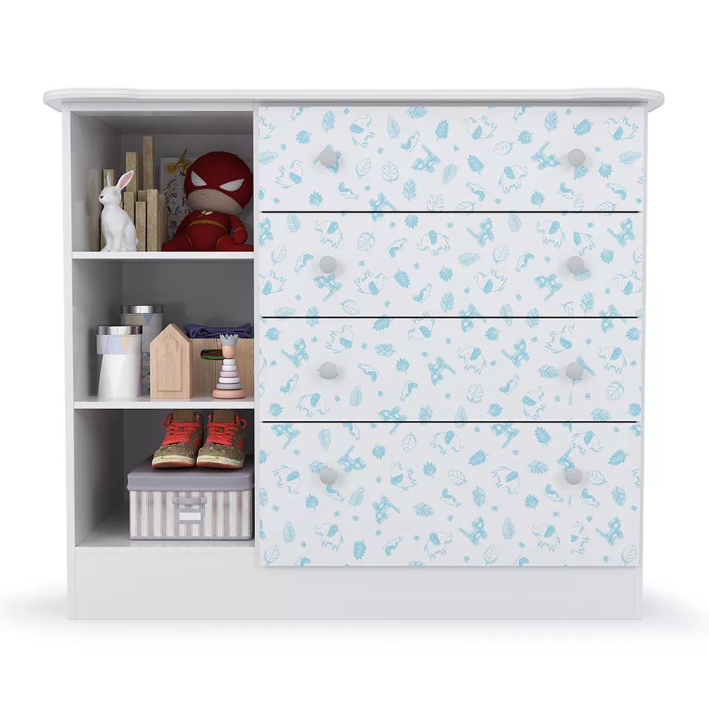 Cômoda Infantil Batrol New Baby 1 porta 4 gavetas Branco e Gravura Azul (2)