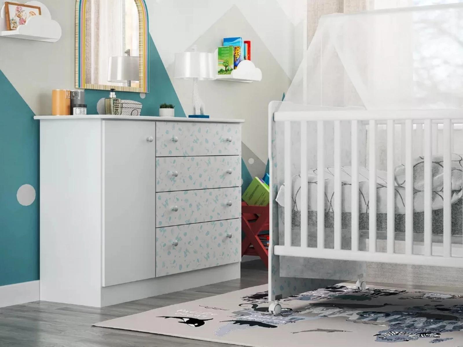 Cômoda Infantil Batrol New Baby 1 porta 4 gavetas Branco e Gravura Azul (5)