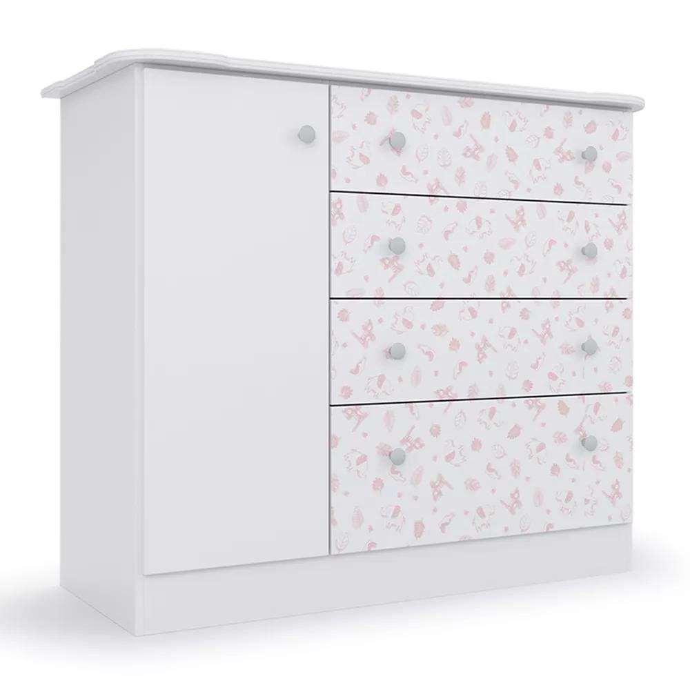 Cômoda Infantil Batrol New Baby 1 porta 4 gavetas Branco e Gravura Rosa (1)
