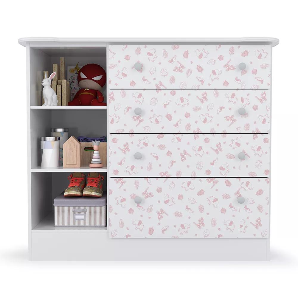 Cômoda Infantil Batrol New Baby 1 porta 4 gavetas Branco e Gravura Rosa (2)