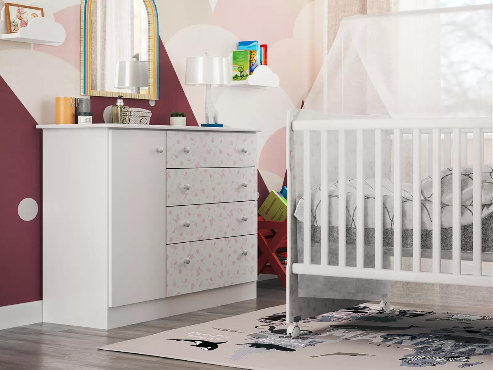 Cômoda Infantil Batrol New Baby 1 porta 4 gavetas Branco e Gravura Rosa (5)