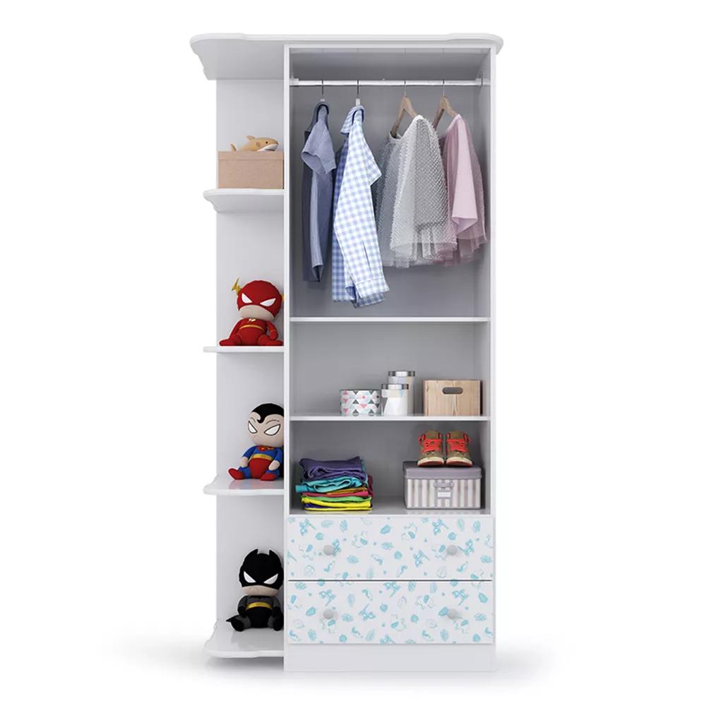 Guarda Roupa Infantil Batrol New Baby 2 portas 2 gavetas Branco e Gravura Azul com Prateleiras (2)