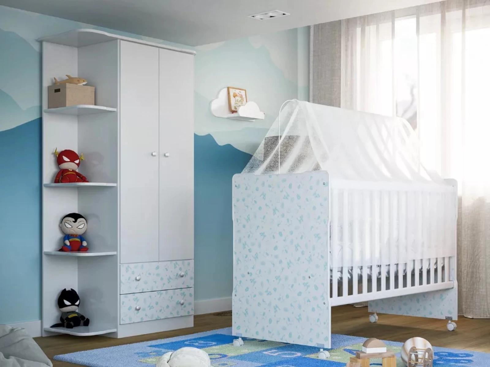 Guarda Roupa Infantil Batrol New Baby 2 portas 2 gavetas Branco e Gravura Azul com Prateleiras (5)