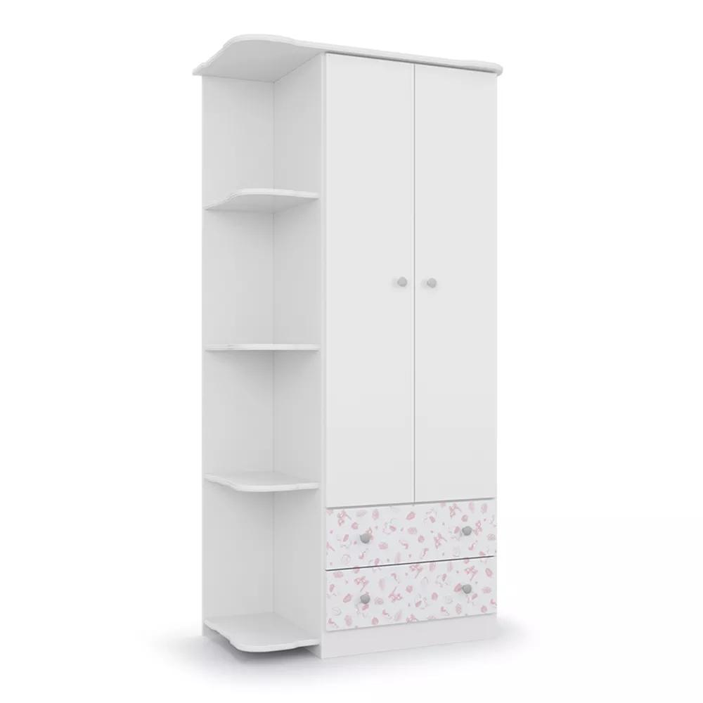 Guarda Roupa Infantil Batrol New Baby 2 portas 2 gavetas Branco e Gravura Rosa com Prateleiras (1)