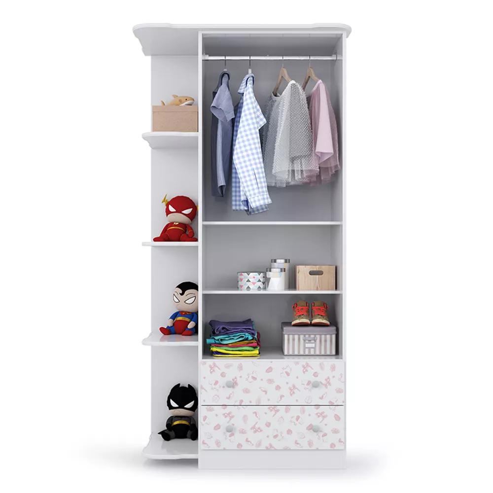 Guarda Roupa Infantil Batrol New Baby 2 portas 2 gavetas Branco e Gravura Rosa com Prateleiras (2)