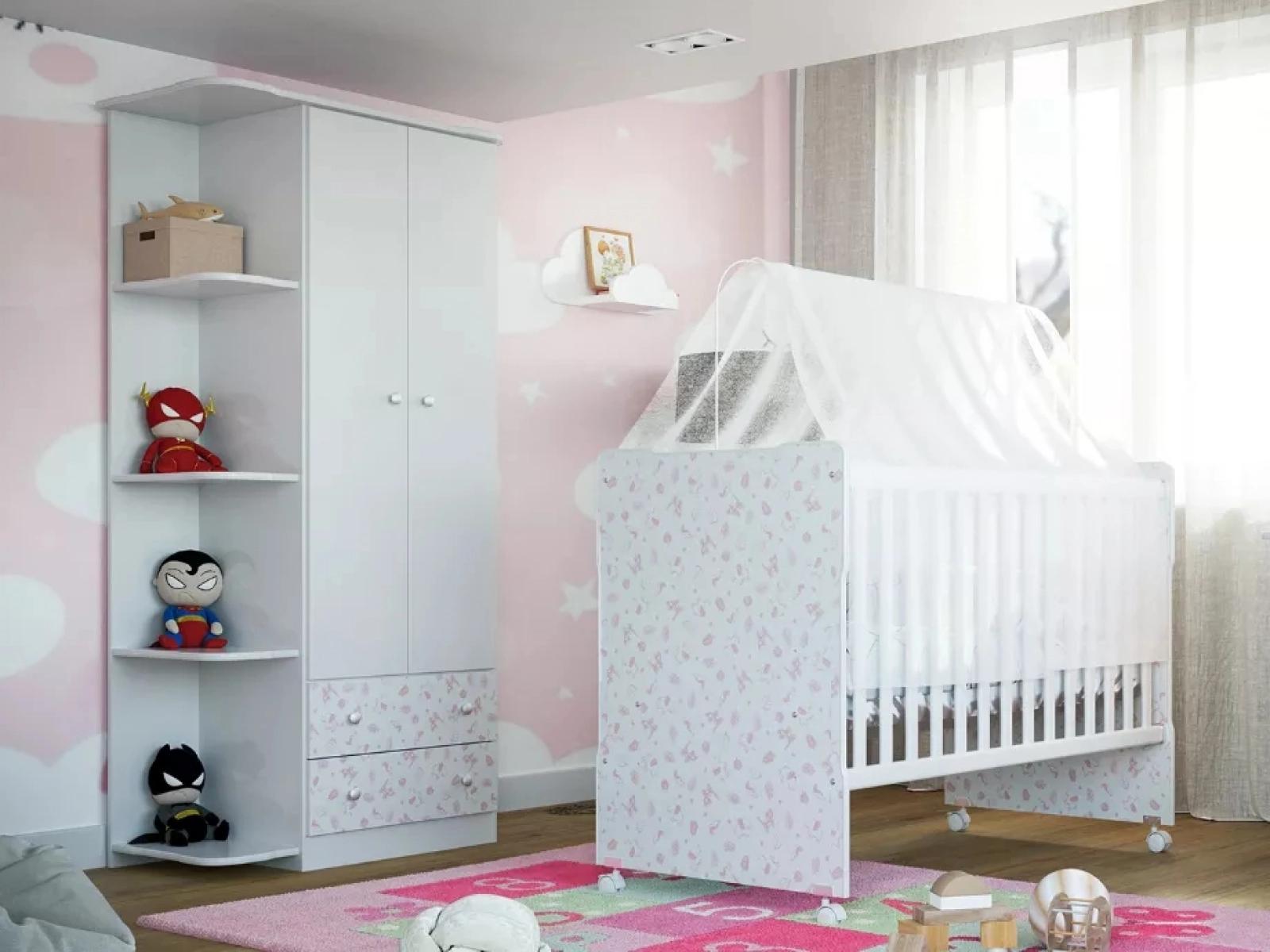 Guarda Roupa Infantil Batrol New Baby 2 portas 2 gavetas Branco e Gravura Rosa com Prateleiras (5)
