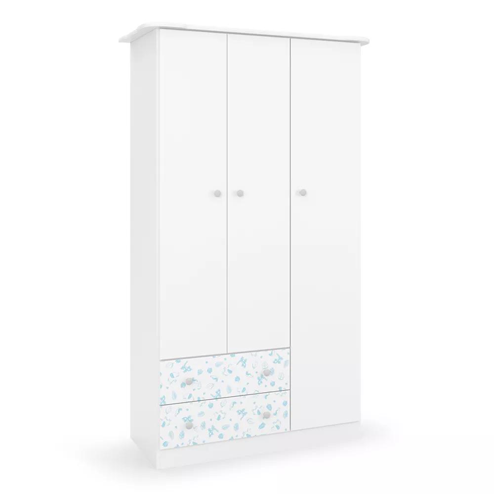 Guarda Roupa Infantil Batrol New Baby 3 portas 2 gavetas Branco e Gravura Azul (1)