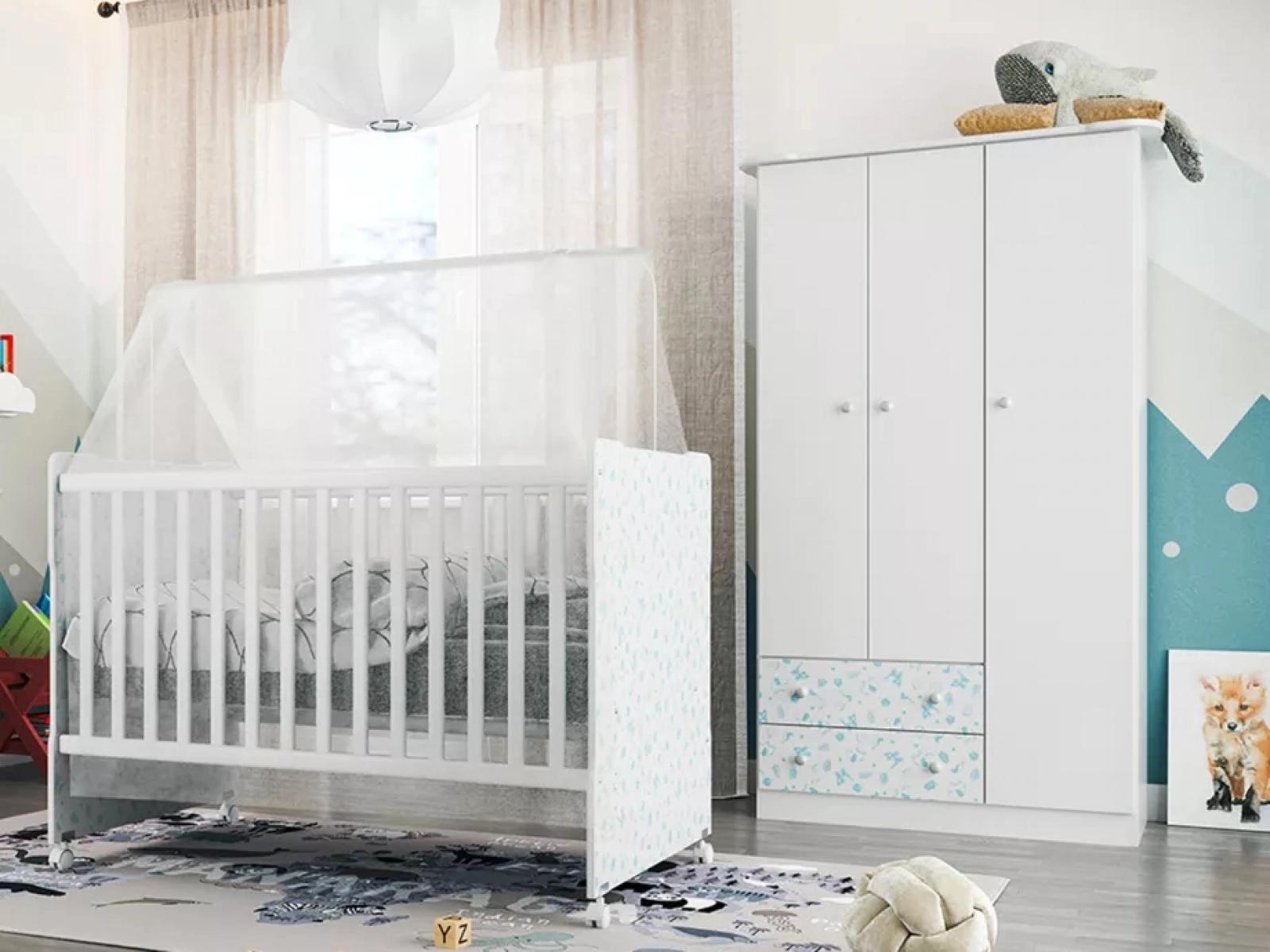 Guarda Roupa Infantil Batrol New Baby 3 portas 2 gavetas Branco e Gravura Azul (5)
