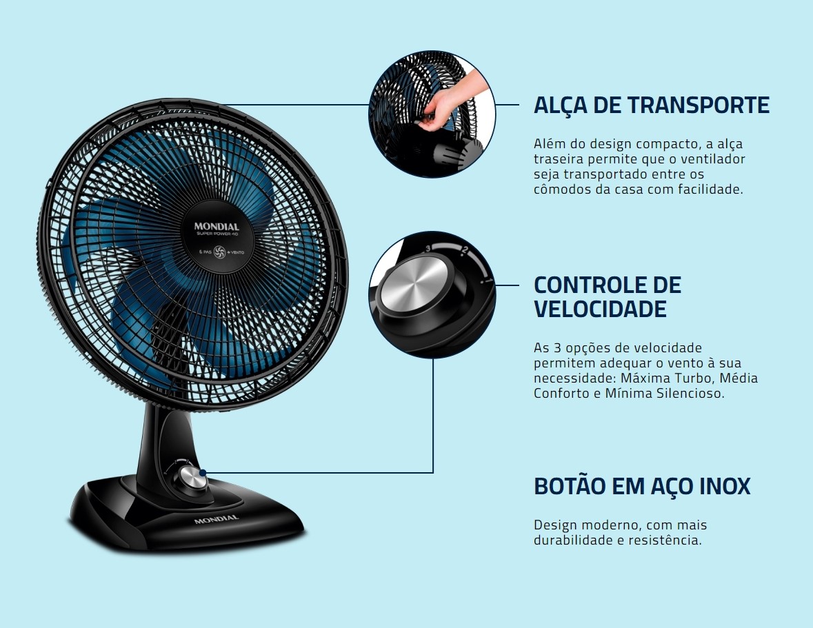 Ventilador de Mesa Mondial 40cm Super Power Preto Azul 220V (10)