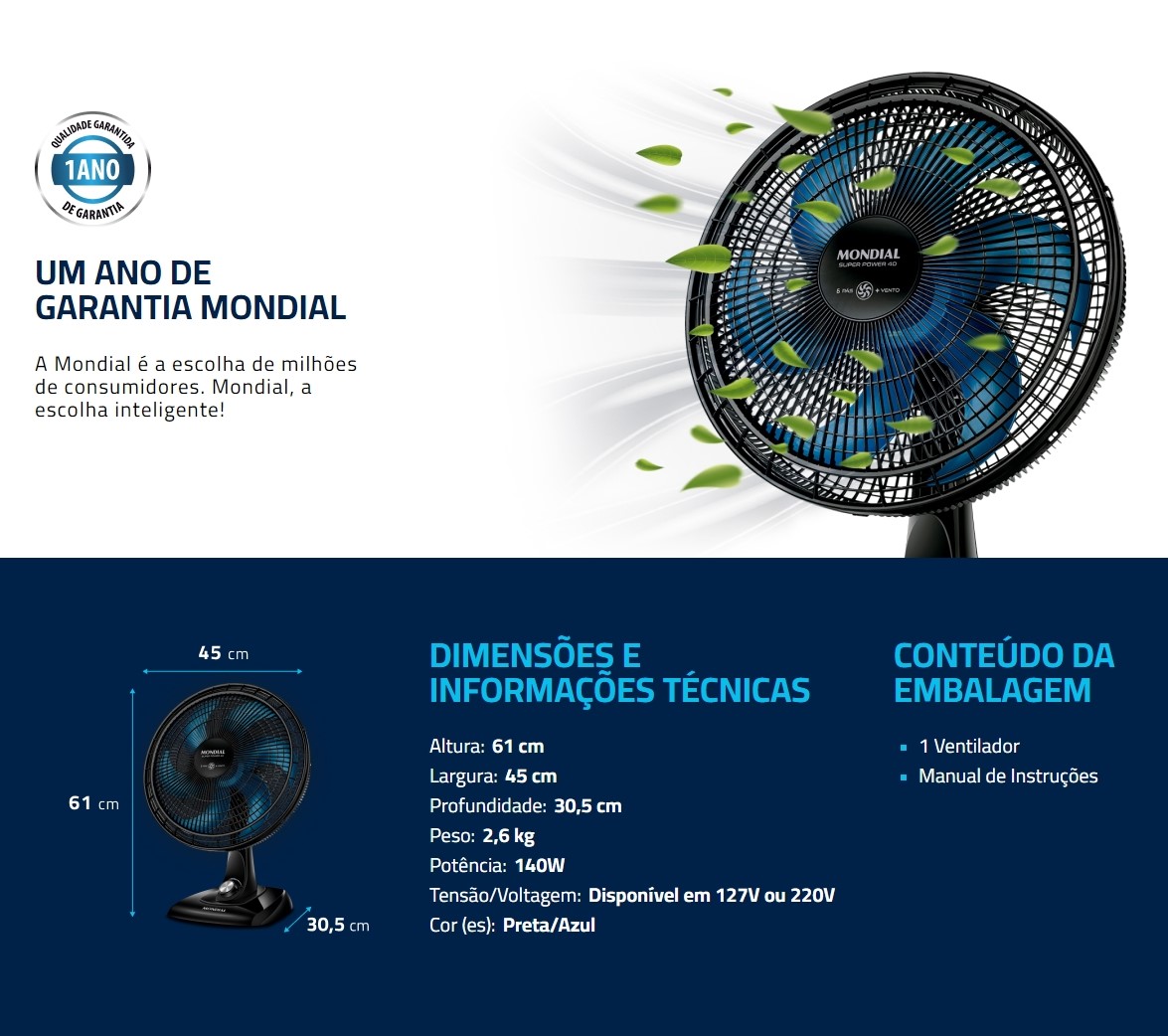 Ventilador de Mesa Mondial 40cm Super Power Preto Azul 220V (11)
