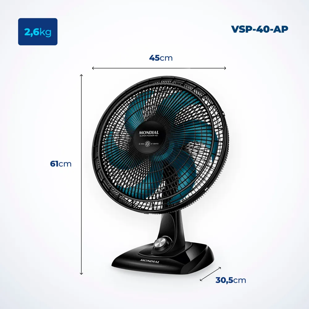 Ventilador de Mesa Mondial 40cm Super Power Preto Azul 220V (6)