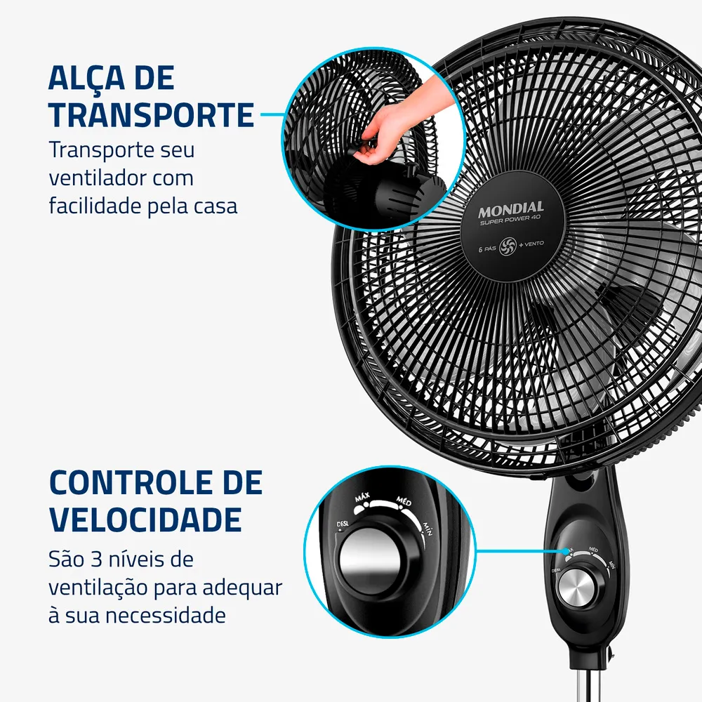 Ventilador de Coluna Mondial 40cm Super Power Preto Prata 220V (6)